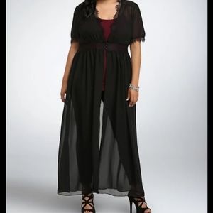 Torrid 4x Sheer Black Duster Kimono Cover with Lace detail and Button close